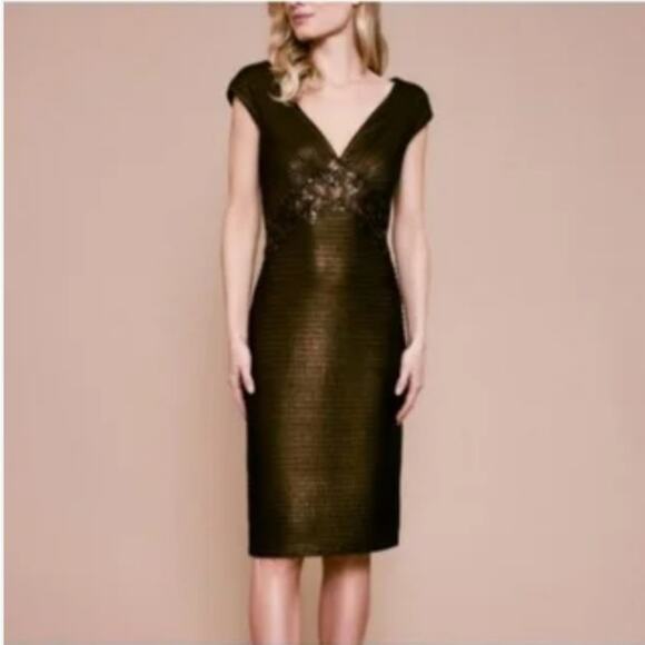 Tadashi Shoji Chim Metallic Pintuck Women's S Knee Length Brown Cocktail Dress - Picture 1 of 9
